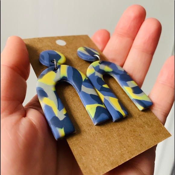 Blue & Yellow Swirls - Polymer Clay Earrings - Picture 5 of 6